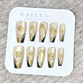 Press on Nails Medium Square Fake Nails Gold Rose Flowers Acrylic Nails Black French Tip False Nails Press ons with Design Cat Eye Glue on Artificial Nail for Women Manicure 24Pcs