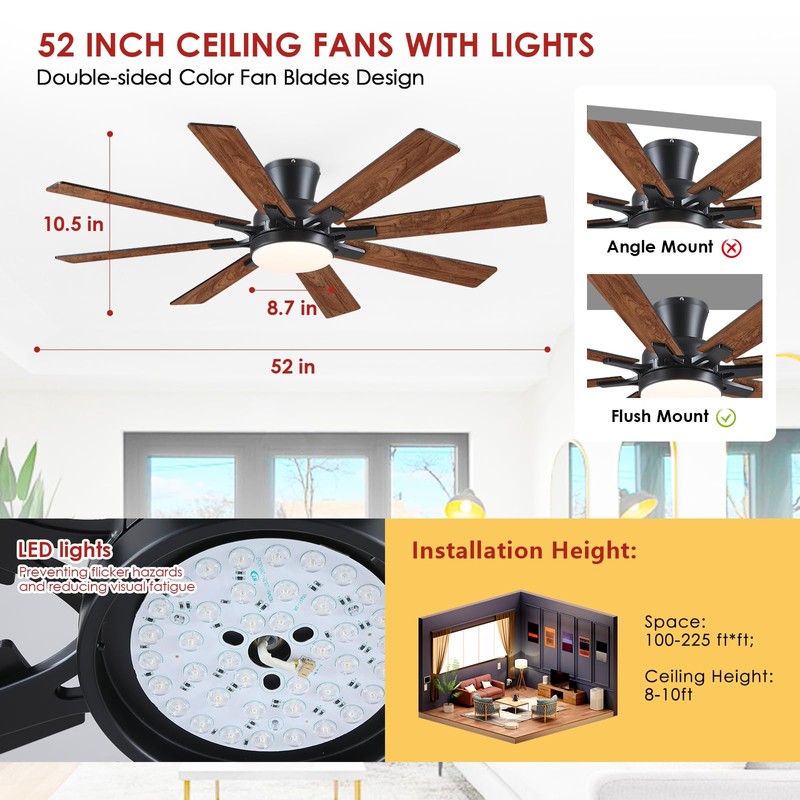 Mpayel Ceiling Fans with Lights, 52 Inch Low Profile Flush