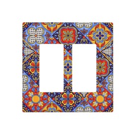 Tewujay Outlet Covers Mexican Talavera Ceramic Tile Pattern 2 Gang Wall Plate Double Rocker Light Switch Cover Decorative GFCI Receptacle Cover Electrical Switchplate for Bathroom Home Decor