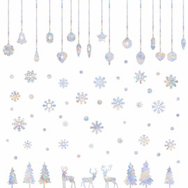 Christmas Bell Window Clings Snowflake Static Cling Xmas Pine Tree Window Decals Winter Snow Prismatic Vinyl Stickers Anti-Collision Window Stickers for Bird Strikes Suncatcher Stickers