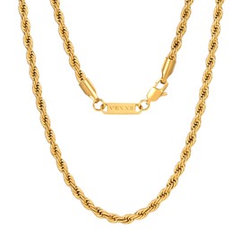 VEXXS Gold Chain Men's Cord Chain, 18 Carat Gold-Plated 3/4/5 mm Stainless Steel Necklace, Men's Chain, Gold Chain for Men, Women, Men, Boys, Jewellery Gift, 46-66 cm, Gold