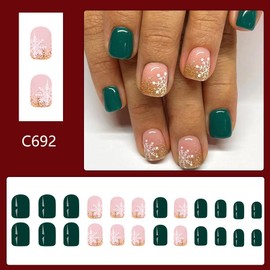 24Pcs Christmas Nails Short Press on Nails White Snowflake Fake Nails Green Gold Glitter Acrylic Nails Stick on Nails Winter Xmas Holiday False Nails for Women Girls DIY Christmas Nail Decoration