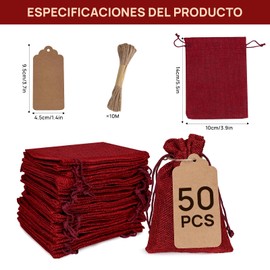 50pcs Bolsas de Arpillera con Cordón,Con Etiqueta y Cordón Fino,bolsas para dulces,bolsa de yute,Bolsas de Regalo de arpillera para Navidad,Fiestas,Cumpleaños, Favores de Boda