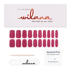 Wilana Gel Nail Stickers - Long-Lasting Semi-Cured Gel Nail Strips - Dark Pink Velvet Magnetic Glitter (Berry Luxe)