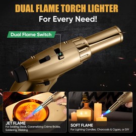 KOACKL Dual Flame Butane Torch Lighter, Refillable Kitchen Torch, Adjustable Flame with Ignition Lock Mini Blow Torch for Cooking, Creme Brulee, Soldering, Welding (Butane Gas Not Included)