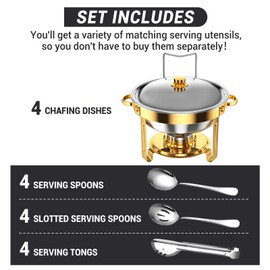 Keyoxy Round Chafing Dishes for Buffet 5 Qt,High Grade Chafing Dish Buffet Set, Full Size Pan,Rolled-Edge Design Food Warmers for Parties,Buffet,Wedding,Birthday,Camping 4 PACK (Gold)