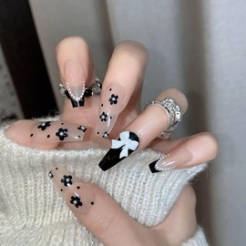 Press On Nails Coffin Press In Nails Black Flower Stick On Nails 3D Press On Nails White Bow Acrylic Fake Nails Handmade Press On Nails Presson Nails For Women 24pcs