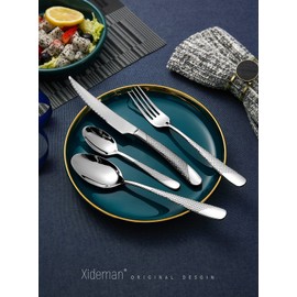 Xideman 16-Piece ​Modern Hammered Cutlery Set with Ultra Sharp 2-in-1 Serrated Knife, 18/10 Stainless Steel Silverware Flatware Set Service for 4, Tableware Utensil, Forks Spoons Knives Set