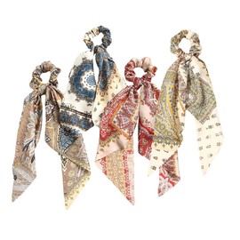 Bandana Hair Scarf Scruncheis for Women Girls, Bowknot Scrunchies for Hair, Chiffon Floral Scrunchie Long Hair Bands Ties Ponytail Holder (Paisey)