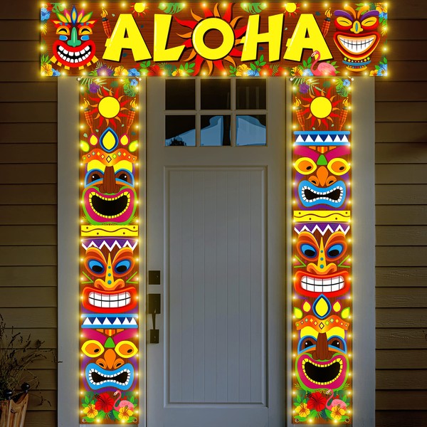 90shine 3PCS Hawaiian Luau Party Decorations Lighted Tiki Banners Aloha Tropical Moana Flamingo Door Porch Signs Wall Hanging Decor Supplies(Not Include Battery)