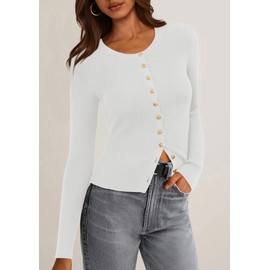 PRETTYGARDEN Womens 2025 Fall Cardigan Sweaters Lightweight Long Sleeve Button up Ribbed Knit Tops Winter Fashion Clothes (White,Large)