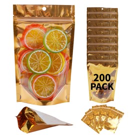 200 Pack Mylar Bags for Food Storage Resealable Aluminum Foil Stand Up Pouch with Window & Hang Hole 5.11×7.87 Inch Reusable Zipper Lock Food Packaging Heat Seal Bags for Small Business & Home - Gold