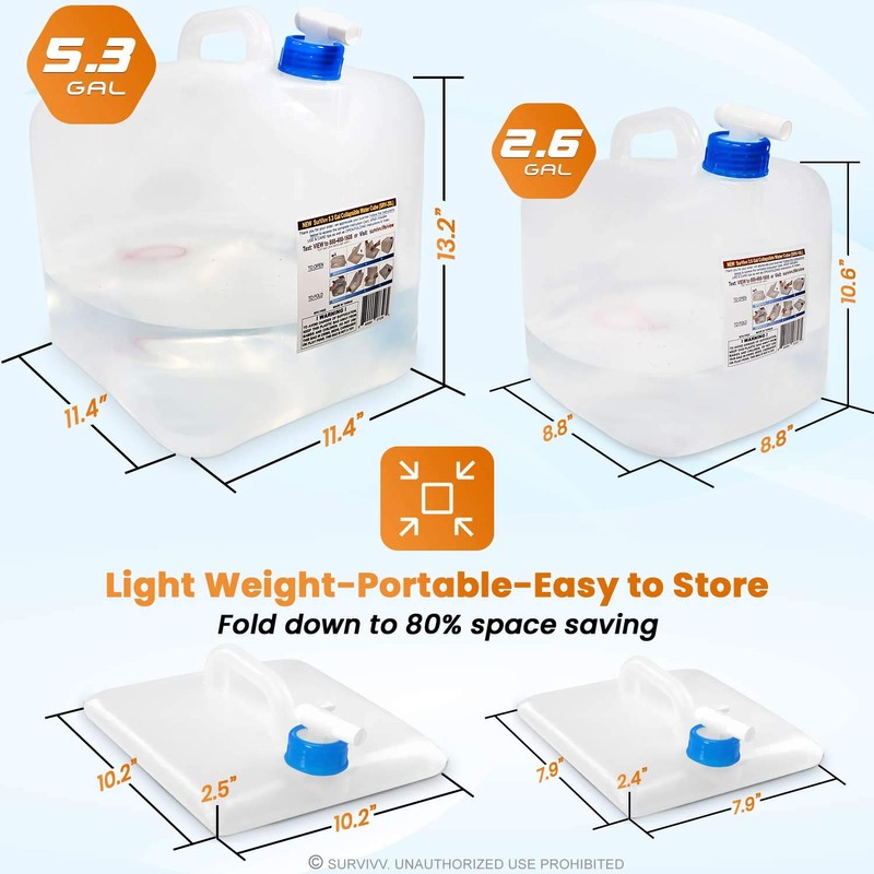 SurVivv Collapsible Water Container with Spigot, BPA Free, Food Safe