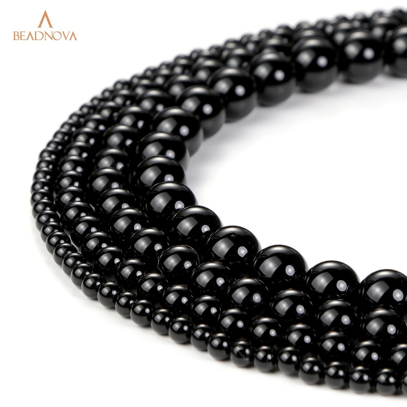 BEADNOVA 4mm Black Onyx Gemstone Round Loose Beads for Jewelry