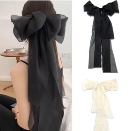 FOSDICK 2 PCS Haarspange mit Schleife, Haarschleifen Für Damen Und Mädchen Mit Großer Schleife 55 cm Aus Polyester Weiß Schwarz für Hochzeit Party Alltag