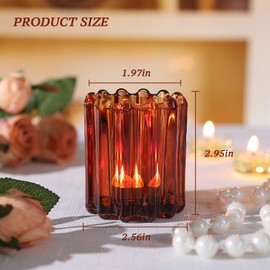 HAVITI Glass Amber Votive Candle Holder, Ribbed Votive Candle Holders Set of 12, Tealight Candle Holder for Wedding Centerpieces Dinner Party Table Decor
