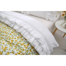 White Luxury Elegant Lace Bed Flat Sheet with Ruffles Bed Top Sheet King or California King Size 100% Cotton 1 Piece