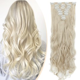 S-noilite Clip-In Hair Extensions, Wavy, 8-Piece Set, 18 Clips, Full Head, Like Real Hair, 60 cm, Ash Blonde and Bleach Blonde