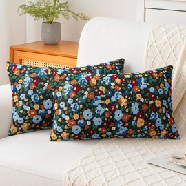 Pyonic Set of 2 Decorative Floral Print Throw Pillow Covers 12X20 Inch Vintage Black Boho Lumbar Pillow Covers Soft Neutral Farmhouse Couch Pillowcase for Livingroom Bedroom Home Decor