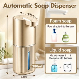 Rudnia Automatic Soap Dispenser, Foaming Soap Dispenser Touchless with Continuous Dispensing, 4-Level Adjustable, Rechargeable Hand Soap Dispensers, Wall Mounted or Countertop for Bathroom & Kitchen