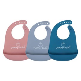 Yummy Baby Silicone Baby Bibs, Cute, BPA Free Unisex Soft Adjustable Fit Waterproof, Easy Clean (3 Pack) (Dark Blue/Gray/Pink)