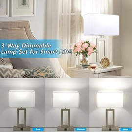 BrightWe Table Lamp Set of 2 Lamps for Bedroom, Touch Control Table Lamps with 2 USB Ports, 3-Way Dimmable Bedside Nightstand Lamps, Silver&White Lamp for End Table Living Room Modern