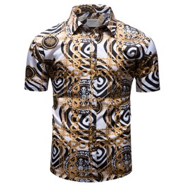 fohemr Outfit Men's Baroque 2-Piece Golden Chain Pattern Shirt Shorts with Bucket Hat Leisure Suit Summer Holiday Beach Set