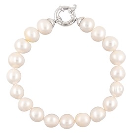 ENTREPLATA Damen-Armband mit Zuchtperlen, Verschluss aus 925er-Sterlingsilber, Fresh Water Pearl, natürliche Perle, halbrund, 10 mm, Damenarmband, 19 cm., Pulsera de Perlas, Silber, Nicht zutreffend.