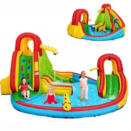 Costzon Inflatable Water Slide Bouncer Castle, Kids Bouncy Playhouse, Water Slide Park w/Basketball Rim, Climbing Wall, Splash Pool, Carrying Bag,Water Cannon and Inflatable Ball (with 475W Blower)