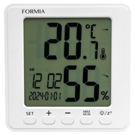 Formia HO-004 Thermometer/Hygrometer, Table Clock, Tabletop, Wakeup, Thermometer, Hygrometer, Backlight Function, Date and Time Signal, Stand, Hanging, Digital, Hodogaya Electronics Sales, White