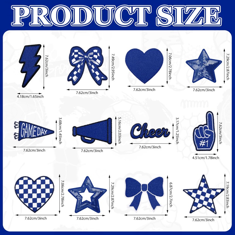 Glitinsel 24 Pcs Blue Football Cheer Patches Iron on for