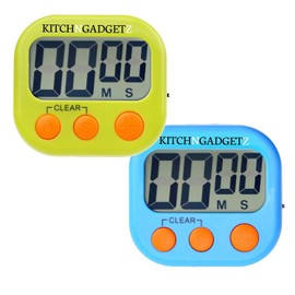Digital Kitchen Alarm Clock with Countdown Timer - Set of 2 - Fresh Blue and Green - Large LCD Display - Buttons for Minutes and Seconds + Start and Stop - Very Easy to Use - Magnet and Tabletop Stand