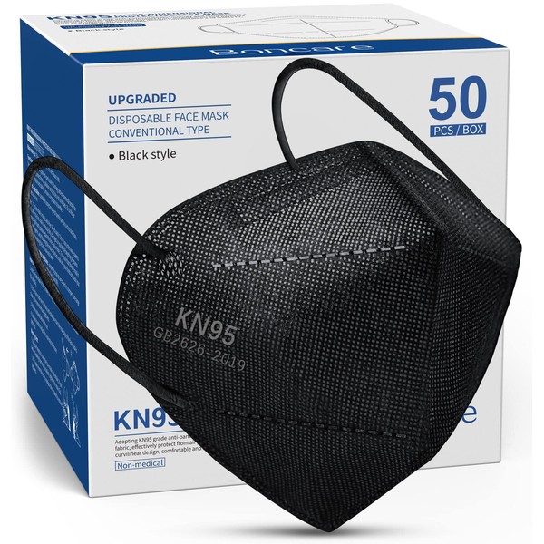 Boncare KN95 Face Masks 50 Pack, Black, 5-Layer Disposable Face Masks, Breathable and Comfortable
