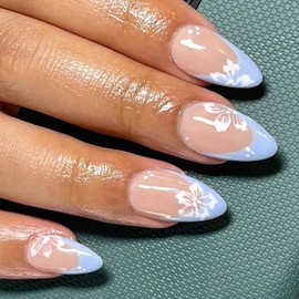 24Pcs Flower Press on Nails Medium Almond Fake Nails Blue French Tip False Nails with White Flower Design Spring Summer Artificial Nails Full Cover Glue on Nails Glossy Stick on Nails for Women DIY