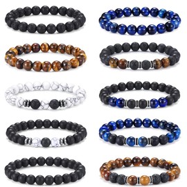 Jewdreamer Jewdreamer 10PCS Tiger Eye Bracelet For Men 8MM Natural Stone Beads Bracelet Set Stretch Lava Rock Bracelets Adjustable Black Crystal Beaded Bracelet for Men Women Gifts