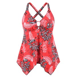 Firpearl Women's Tankini Swimsuits Modest Flowy Crossback Plus Size Bathing Suit Top, Red Floral(wide Strap), 12