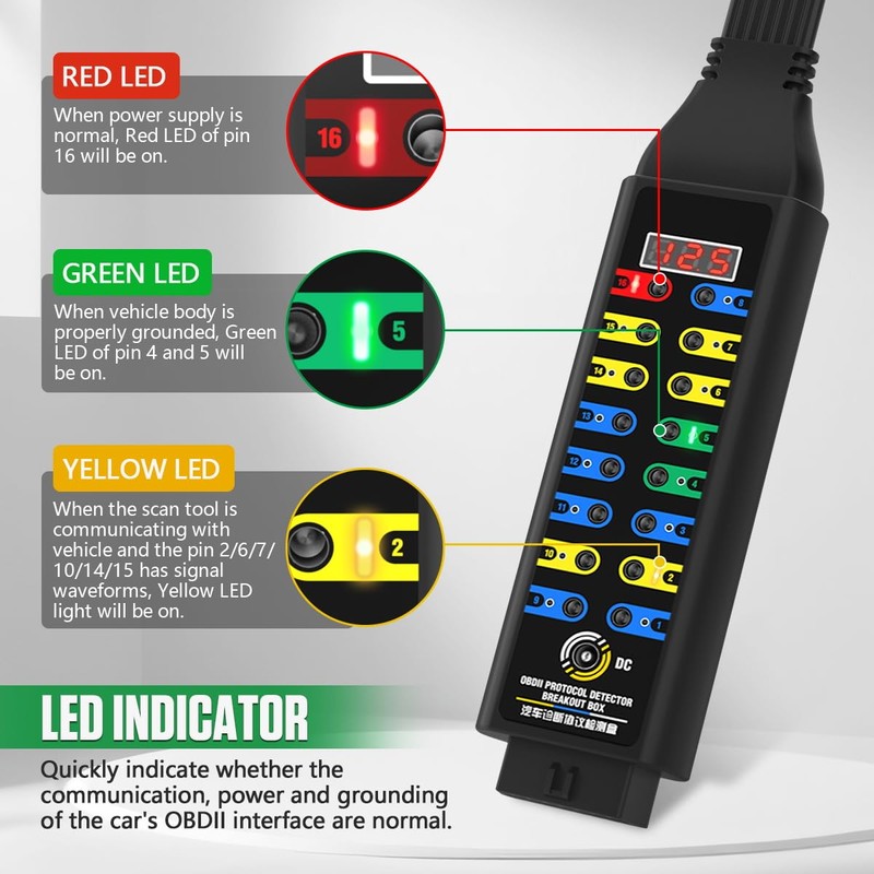OBD2 Breakout Box Automotive Advanced OBDII Protocol Detector with LCD