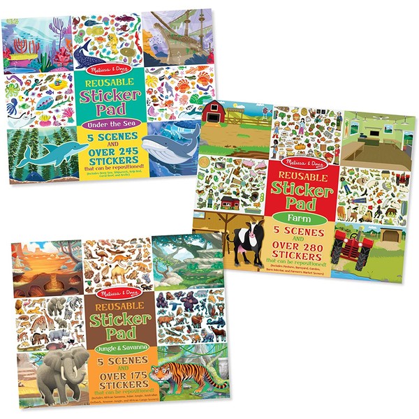 Melissa & Doug Reusable Sticker Pad Bundle - Jungle, Farm & Under the Sea