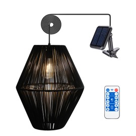 Solar Pendant Lights Farmhouse Chandelier - Large Outdoor Boho Rattan Solar Hanging Lights with Remote 5 Modes Lighting Waterproof Rattan Lantern for Garden Porch Patio, Black