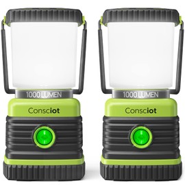 Consciot LED Battery Powered Camping Lantern, 1000LM, 4 Light Modes, IPX4 Waterproof Portable Tent Flashlight for Power Outages, Emergency, Hurricane, Hiking, Light Green, 2-Pack