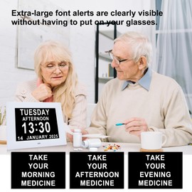 Digital Dementia Alarm Clock 8 inch Large Display, Electronic Calendar Clock with Day and Date for Elderly ,3 Time Period Oversized Character Drug Reminders Clock for Dementia Elderly Patients