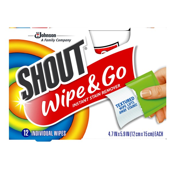 Shout Wipes, Wipe and Go Instant Stain Remover, Laundry Stain and Spot Remover for On-the-Go, 12 Wipes per Carton - Pack of 6 Cartons (72 Total Wipes)