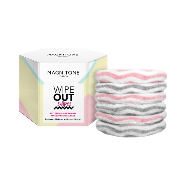 Magnitone Wipe Out Swipes Eco Friendly Microfibre Makeup Removal Cleansing Pads, Remove Makeup with Water, Reusable, Use on Sensitive Skin, Eyes and Lips, No Cleanser Needed, Silver & Pink, Pack of 6