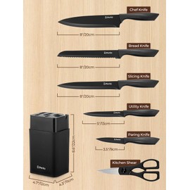 Knife Set, D.Perlla 8-Piece Kitchen Knife Set with Built-in Sharpener, Dishwasher Safe Non-stick & Non Rust, Black Coating Stainless Steel Knife Block Set, Sharp Chef Knives with Universal Knife Block