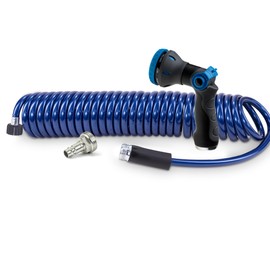 Plastair SpringHose RV Water Hose 3/8 in by 25-Foot Polyurethane Safe RV Drinking Water Hose - Premium and Lightweight Coiled Hose with Quick-Connect Male Adapter Plug and Nozzle, Made in Canada, Blue