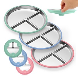 iconfont Stainless Steel Kids Plates with Suction, 3-Pack Non-Slip Toddler Plates, Divided Portion, Food-Grade Silicone Plate for Baby, Dishwasher Safe