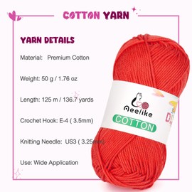 Aeelike Cotton Yarn for Crocheting, 4 PCS Cotton Yarn (Each Skein 50 g /1.76 oz, 125 m 136.7 Yards), Soft Beginner Yarn for Making Baby Clothes DIY Crafts, Red