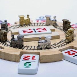 Mexican Train Dominoes Set Double 12 Color with Numbers and Wooden Hub 8 Metal Trains and Aluminum Case