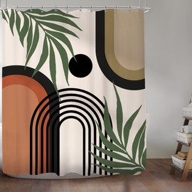 KOMLLEX Abstract Boho Mid Century Shower Curtain for Bathroom Decor Modern Simple Minimalist Leaves Neutral Geometric Aesthetic Fabric Waterproof Polyester 12 Pack Hooks Black Beige 60Wx72H Inches