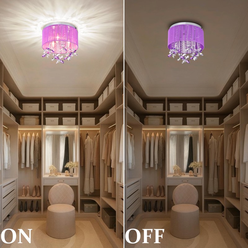 LaLuLa Purple Crystal Chandelier for Girls Bedroom, 3-Light E12 Flush
